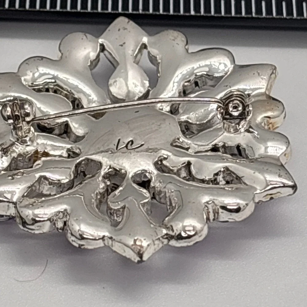 Vintage LC Rhinestone Brooch Silver Tone Purple Pink Floral Statement Pin - Picture 2 of 8